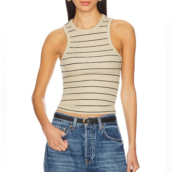 WeWoreWhat Ribbed Jersey Tank Top Tan Black Stripe Size Large NWT - Picture 1 of 6